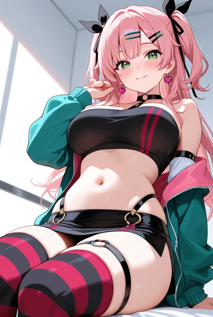 Anime girl with pink hair and blue eyes standing in a hallway, Ilya Kuvshinov com cabelo longo, menina anime sedutora, anime moe artstyle, humanoid pink female squid girl, haruno sakura, feito com anime painter studio, Menina anime com cabelo longo, Anime Garota do Futuro, arte cg anime suave, visual anime de uma menina bonito