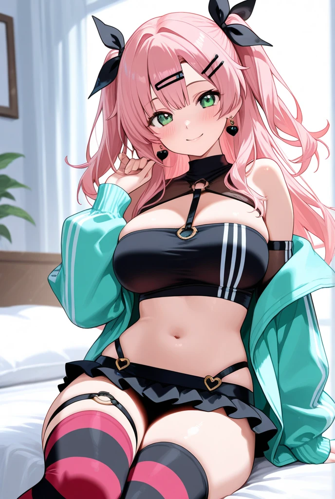 (Masterpiece) full body (one girl) (pink hair, long hair, straight hair, both sides up) (green eyes), beautiful face, eyeshadow, eyeliner, glowing eyes, hyper detail eyes, complex eyes, beautiful eyes, detailed eyes, ((star-shaped pupils, glowing pink pupils)) 18 year old girls. overall