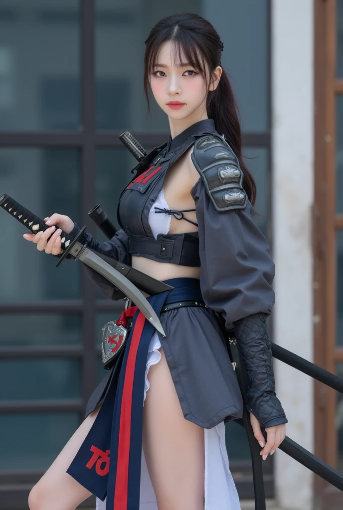 arafed woman in a costume holding a sword and a sword, she is holding a katana sword, very beautiful cyberpunk samurai, female samurai, wearing kimono armor, ornate korean polearm behind her, she is holding a sword, holding a sword on her shoulder, wearing kimono armour, dressed in samurai armour, portrait shot, samurai outfit, ornate cosplay, sexy look, big breast, sexy pose, show breast, light green hair