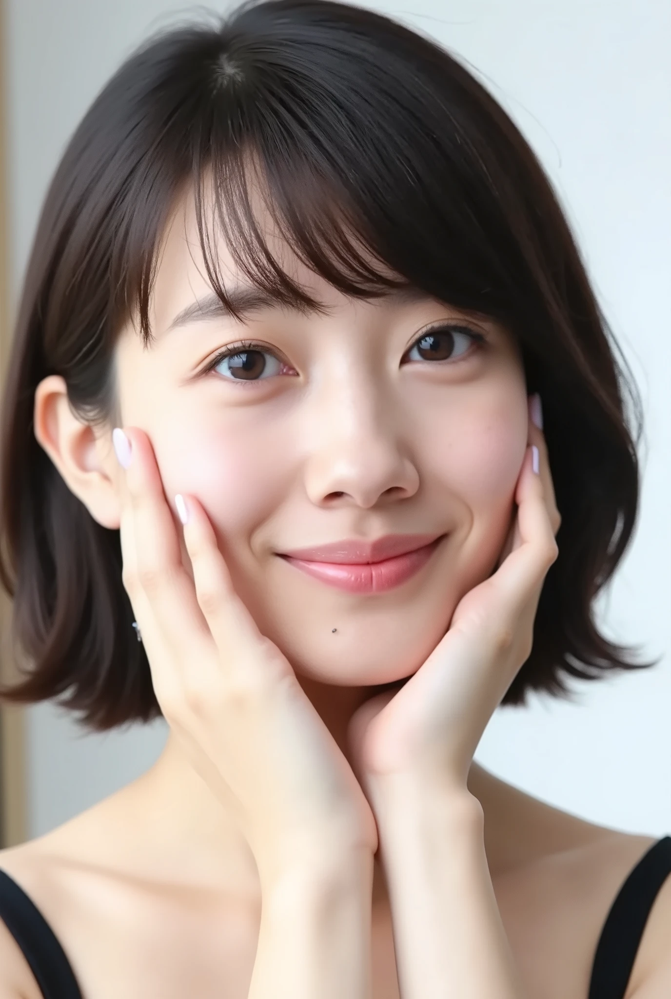 extreme close-up portrait of a beautiful young Japanese woman in her early twenties, ultra photo-realistic, extremely detailed soft skin with realistic pores and light peach fuzz, light natural makeup, cinematic lighting, black camisole, white minimalistic background, face taking up 95% of the frame, glossy slightly parted lips forming a goofy, relaxed smile, cheeks flushed naturally, eyes moist and sparkling with multicolored crystalline irises, heart-shaped catchlights, watery gaze filled with affection, eyes slightly drooping in a dazed expression, both hands gently cupping her cheeks, fingers softly curled, palms lightly pressing against her face, head slightly tilted, neck relaxed, playful body language, radiating affection, subtly tearful eyes, joyful and embarrassingly affectionate expression, silly sweet grin as if giggling endlessly, overflowing happiness, dazed and infatuated, dreamlike ultra-real lighting, cinematic depth of field, no anime style, hyperrealistic photography aesthetic