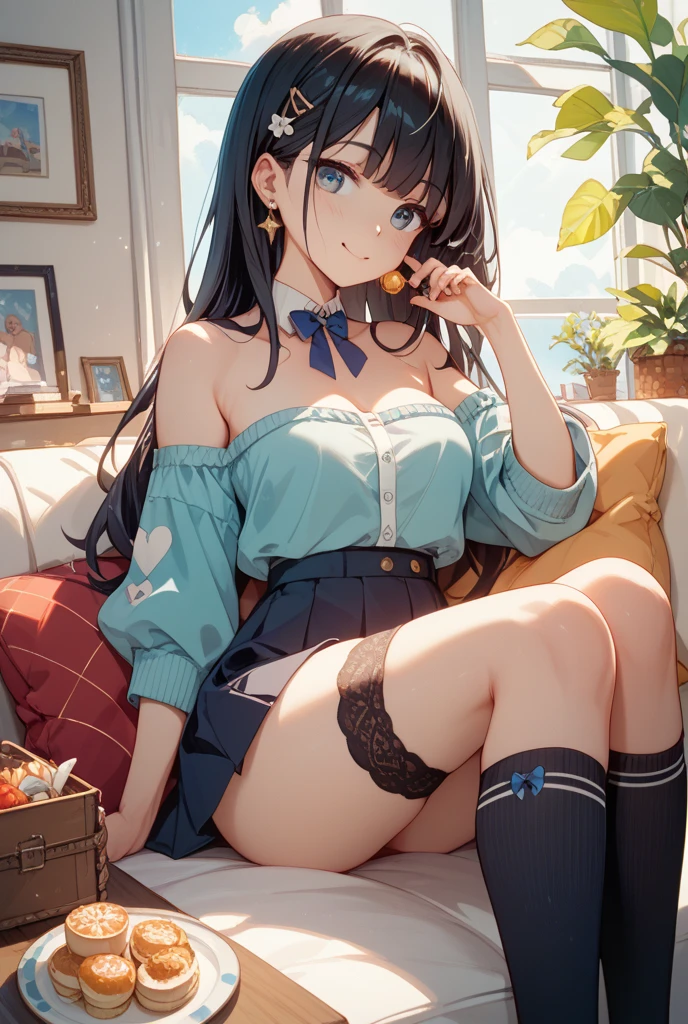 side swept bangs, tan skin, short skirt, knee-high socks, off-shoulder sweater, choker, large breasts, slim waist, large hips, slender legs, blushing, anime.