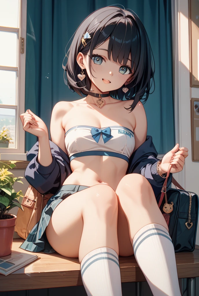 Anime woman with black hair and blue eyes in the park, Anime drawing by Kamaguruka, Pixiv, shin hanga, Anime Moe Art Style, Casual pose, cel - shaded art style, Anime Style. 8k, flat Anime Style shading, Smooth anime CG art, Attractive anime woman, , Realistic anime art style, (((Light blue lace bra))), (((light blue thong panties))), Spread your knees、Sit with your feet facing outward, Leg spread