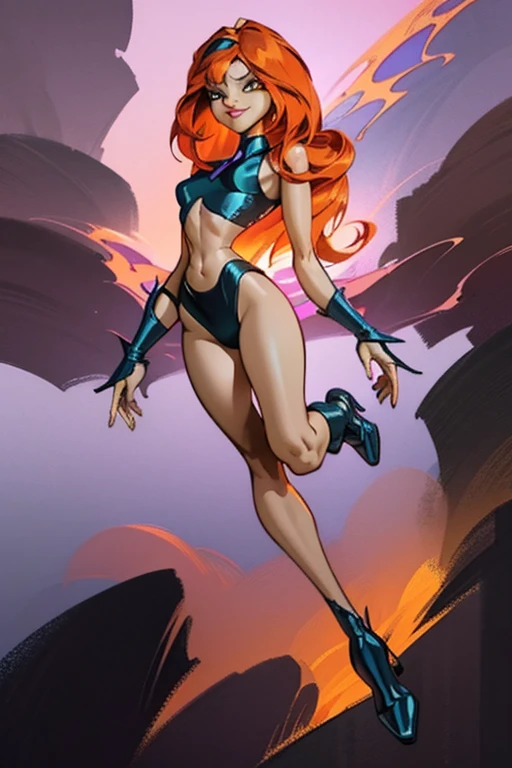 a, small, full body, standing on her feet, futuristic background, sexy appearance, starfire, red hair, orange skin, makeup, mascara, Lips are soft or colored, simple black background, simple color palettes, clean, Crisp drawings, fluid silhouettes,, vintage futuristic clothing, retro futurism, retrofuturism, Asymmetric, geometric, astronaut clothes, Different designs, simple silhouettes, Technology style, future, high fashion, Simplicity and sophistication, blue, blue color, sexy, slim, short outfit, sexy, Erotic, cleavage, youthful appearance, sweaty, in a robot, Evangelion
