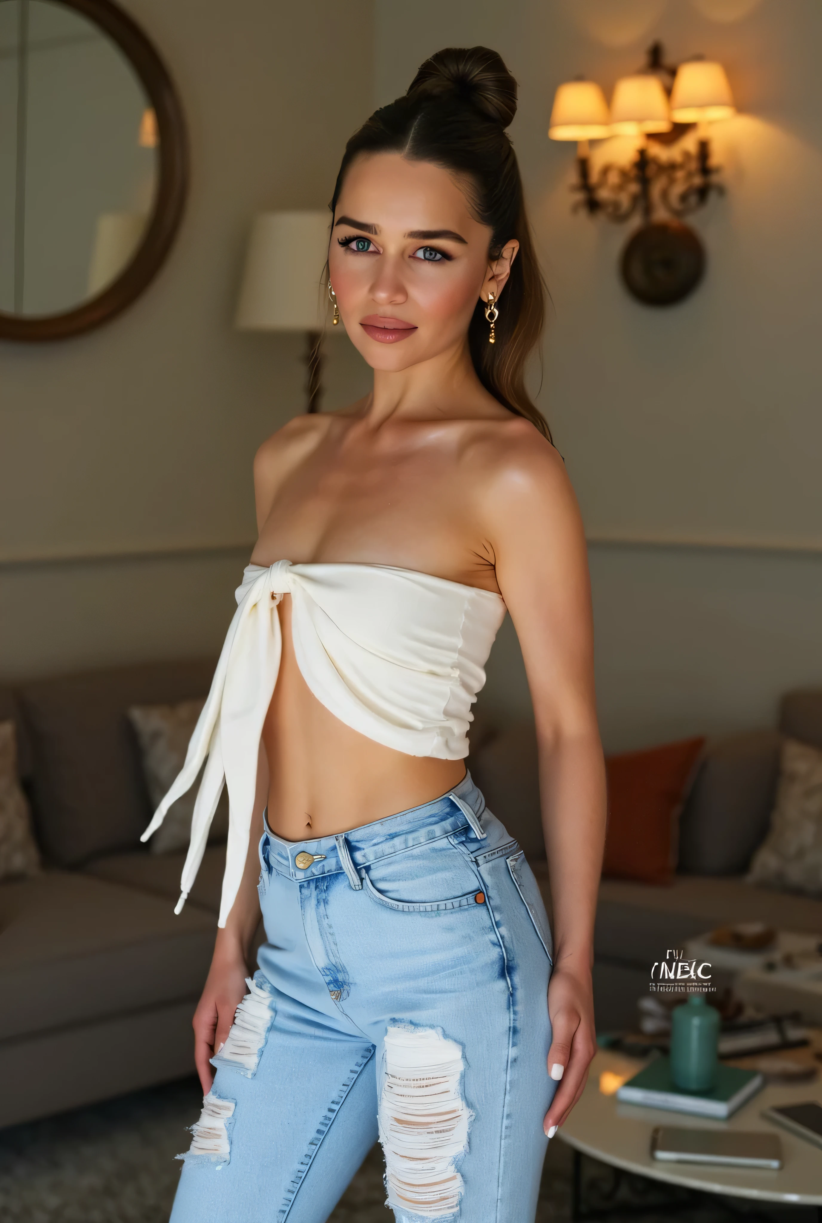 (RAW Photo, Best Quality), (Realistic, Photo Realistic: 1.3), Best Quality, Highly Detailed, Masterpiece, Hyperdetail, Realistic photo shot,(( beautiful )), fashion hairstyle, slim curvy body, , ((( tight ripped denim jeans, fashion top , fashion ))), normal house room , , ,