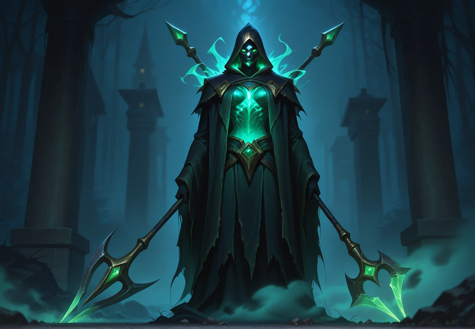 a shadow spirit in League of Legends, its translucent, spectral appearance is enveloped in a green aura. He wears a dark cloak and torn tunic, adorned with heavy chains, and carries a lantern that captures souls. Your face is an empty mask with a macabre smile, highlighting their sinister presence and graceful movements across the battlefield.