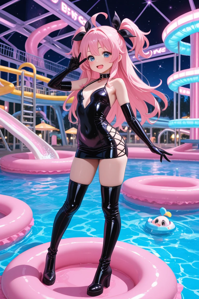best quality, insanely detailed, nino nakano, black latex swimsuit, breasts, blush, swimming pool background, smile, pussy, highleg latex leotard