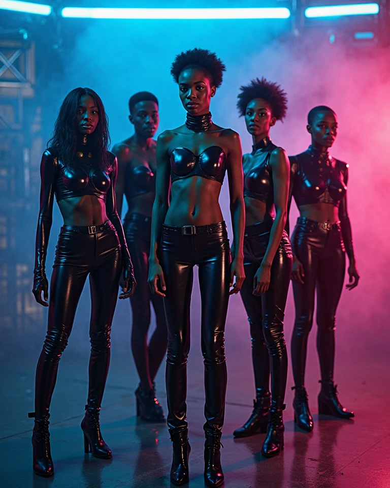 Une femme noire avec des long cheveux afro portant une tenue en cuir noir avec des bottes en cuir, Fighting a zombie army in a deserted city.