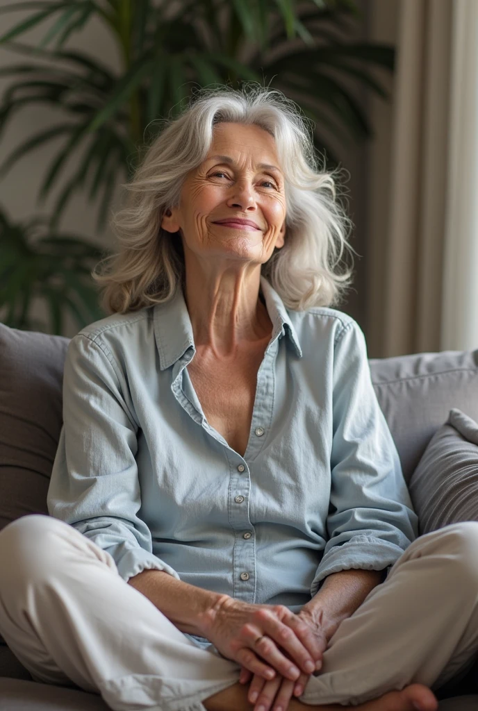 (photorealism:1.2), beautiful old woman, sitting on bed, wearing loose off-shoulder top, pajama pants, long curly hair, indoors, soft lighting, plants in background, window with sunlight, cozy room, relaxed pose, realistic, intricate details, warm colors, by Greg Rutkowski, by Alphonse Mucha