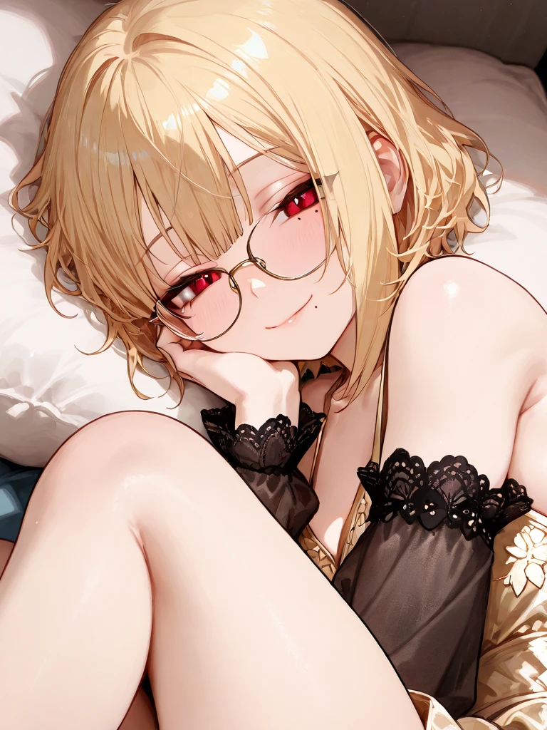 (masterpiece, best quality), 1girl, messy hair, choker, black silk pajamas, see-through, glasses, <lora:add_detail:1>