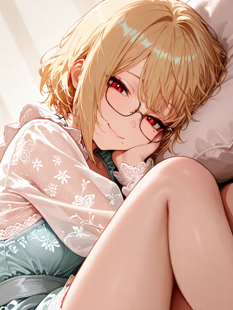 (Tabletop:1.0), (highest quality:1.4), (High resolution:1.2), From the side,Sharp contours, boyish, highest quality, masterpiece,Glasses,Voice of the Heart,20-year-old woman,yandere,Big Breasts,Chest to chest,Lying face down,Upper Body,Ecstasy,saliva,blush,Squint your eyes,Heterochromia iridis