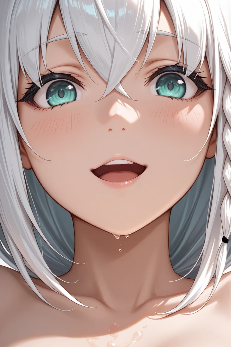 masterpiece, best quality, ultra-detailed, illustration, kawaii, detailed light, happy,, scared, tears, smile, ahegao, rolling eyes, blush, mini Highlights hair, detailed sparkling eyes, 1girl, looks from the bottom up, Model with open mouth, men's big is inserted into the mouth, model lips envelop the , Each hand holding One very realistic big men's dick pointed at her face, cum mouth and spits out a white-colored liquid.