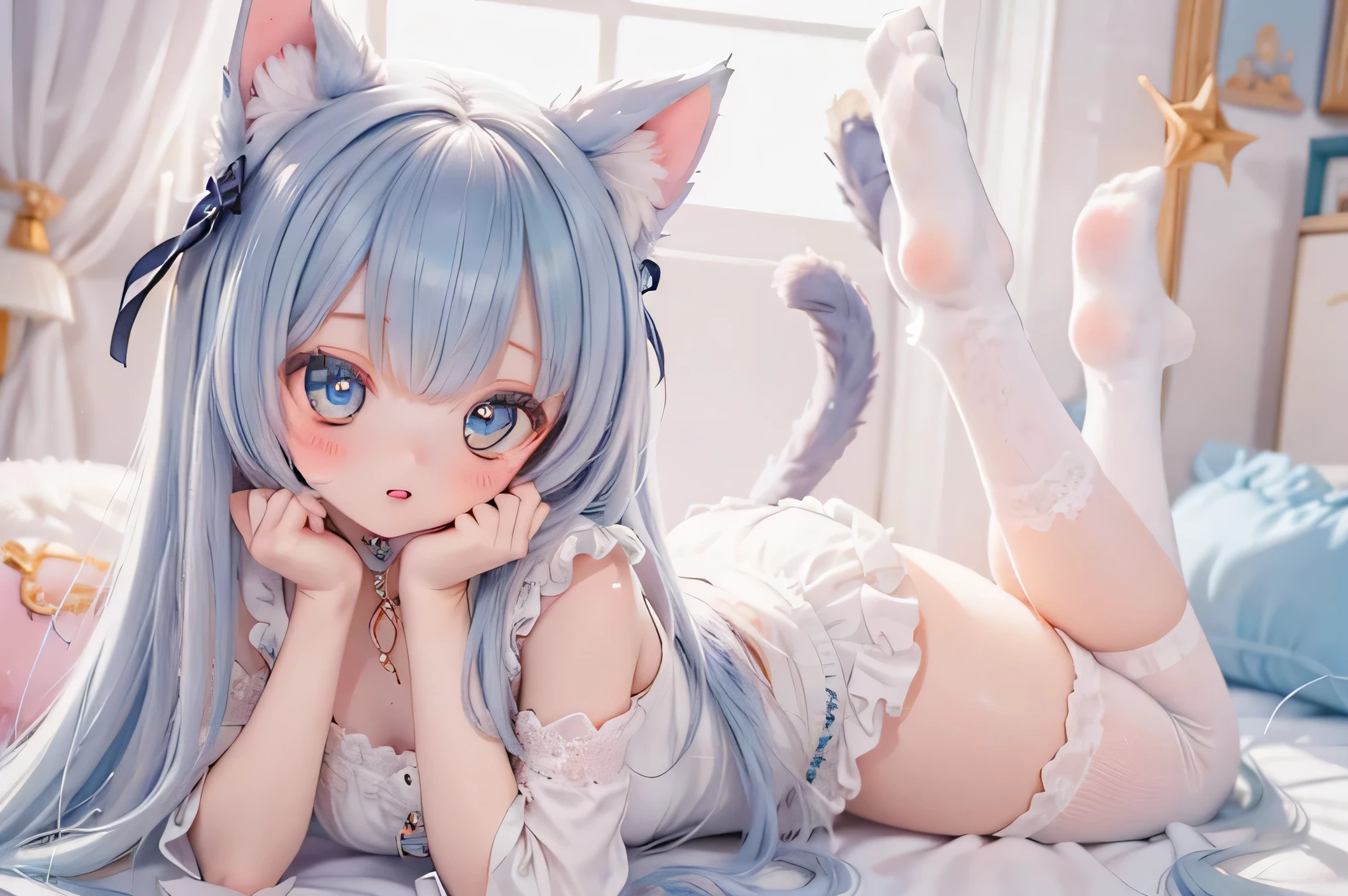 Beautiful illustration, Best quality at best, cute female child, , lying down on bed, nude, naked, no clothes, two legs, (cameltoe: 0.5), nipples, Bedrooms, pastel colour, rabbit ears, bunny ears, Fluffy rabbit ears, petite, very long light blue hair, wavy long hair, stuffed toy, Bright lights, Light blue eyes