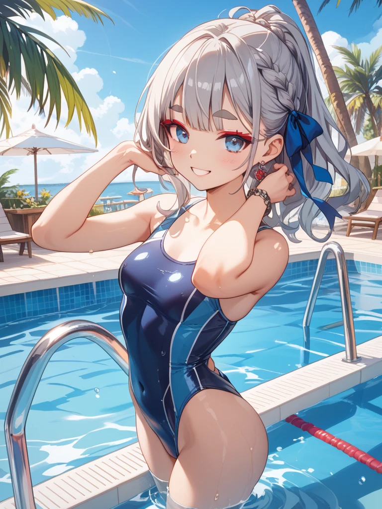 (Highest quality, 8k, 32K, masterpiece, Ultra-high resolution,:1.2),born, One girl,Super cute , Natural light,Clear, shining eyes, 20-year-old ,Fair skin, Silver hair girl, Woman warrior, Sexy pose, An innocent smile, School swimming pool, A fantasy background reminiscent of an electronic world, Long Hair, Long Hair, Large Breasts, adult, School Swimsuit, Ocean, Ocean岸, School swimsuit, night, rooftop, Back view, Big Ass, Accentuate your butt