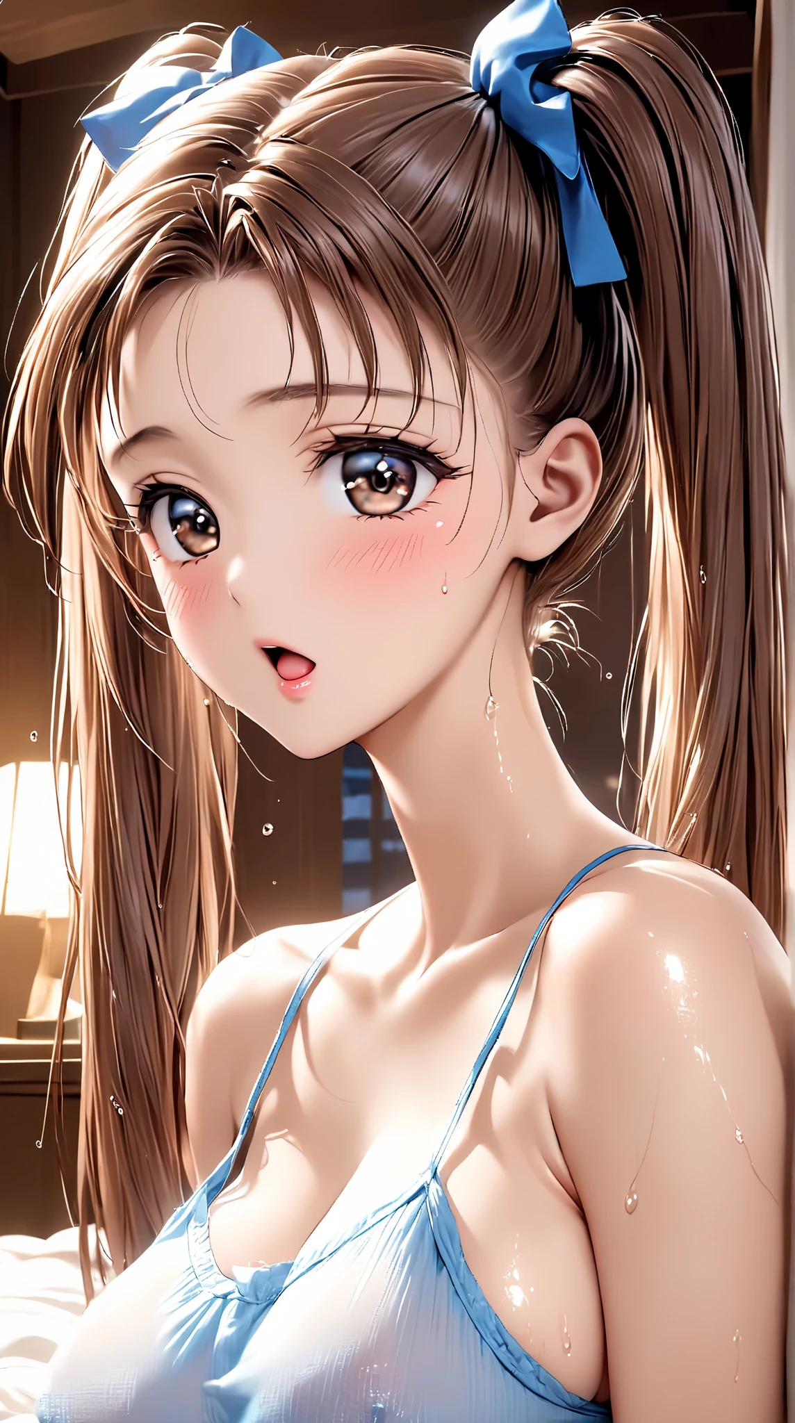 Highest quality, RAW Photos, Realistic, face, Incredibly beautiful girl, cute, length Hair,ponytail,Written boundary depth, High resolution, 超detailed, detailed, Very detaileded, extremely detaileded eye and face, Sharp pupils, Realistic students, Sharp focus, Cinema Lighting, Japanese, Short Woman, Physical build, Short arms, length, Narrow eyes, Fleeting atmosphere, 10 years old, Brown bob hair, ((thin唇)), White top and bottom underwear, masterpiece, Highest quality, detailedな肌, detailedなface, fine grain, 8k, Excellent anatomy, Upper body portrait,flat breasts, small breasts, small,( small bust: 1.2), small bust, (slim, small, flat, small), thin, Delicate and sexy collarbone, One Girl, (beautiful girl, Delicate girl:1.3), (10 years old:1.3),