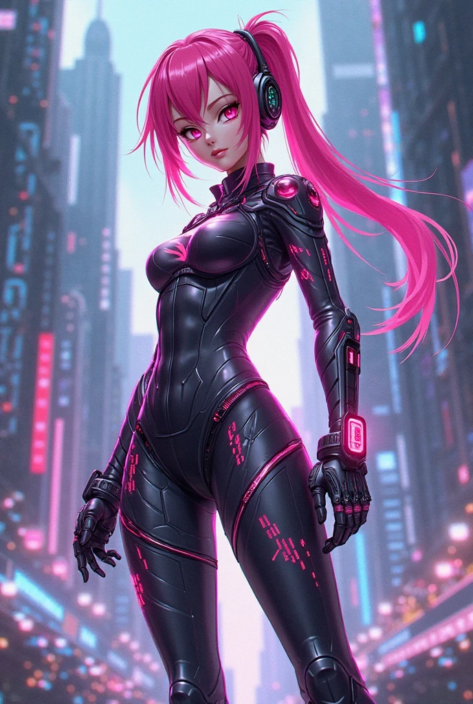 Robot Girl Android with pink hair in a pink suit with small yellow elements half cyborg modification Sad Beautiful sexy with yellow eyes stands half-turned sideways Sadness in the eyes Anime Style black background Cyberpunk style, Sexy thighs, black background image of night black city and pink neon lights