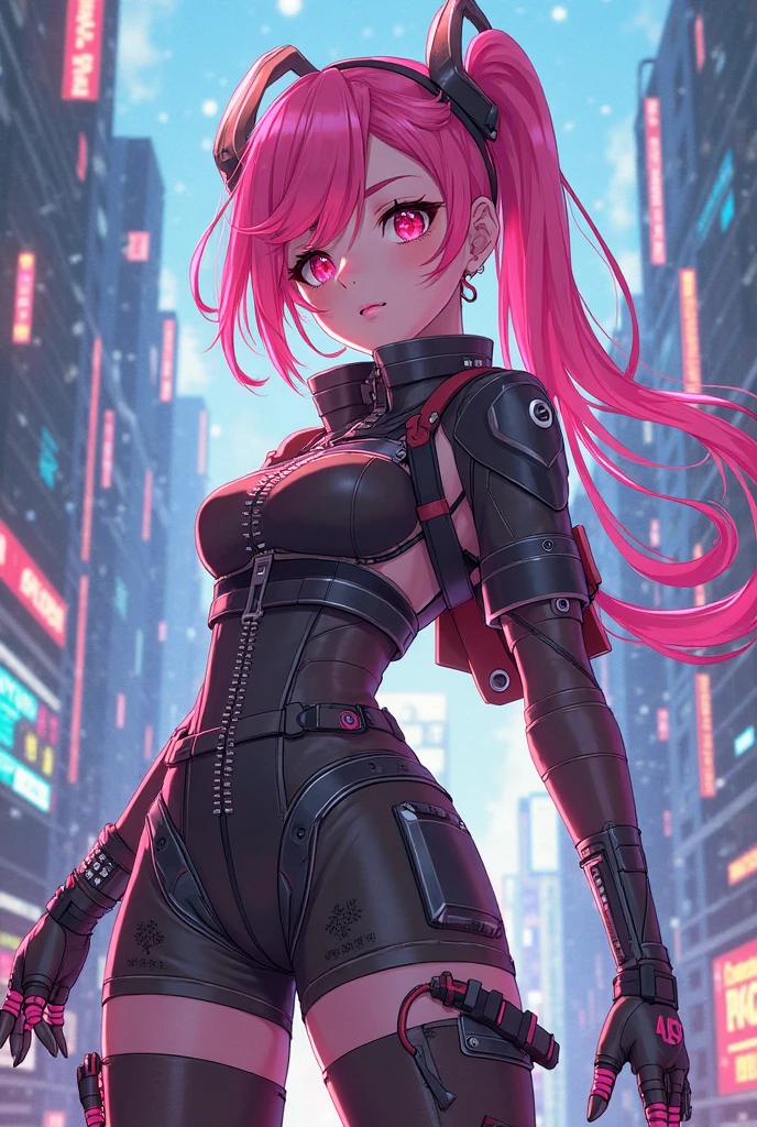 ((cyberpunk aesthetic)), (full body), (cyberware), (showing skin), (((large_breasts))), (pink_hair), (double bun hair), (red light district city background), (glowing lights), (starry night sky) (confident expression), (smug expression), (seductive), (pasties)