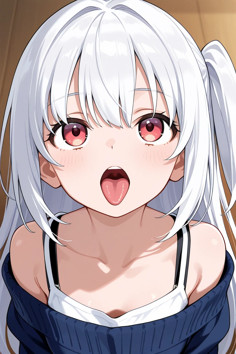 One Girl, Gray Hair, Low twin tails, There is only one mole below the eye, There is only one mole, Small breasts, Cheeky face, looking at the camera, ass pov, Brown Skin, White off-shoulder, Belly button, Sweating, Face is close, Sticking out tongue, Denim shorts, Black knee-high socks, slender, Brat, Alley, Dark eyeliner, Crouching