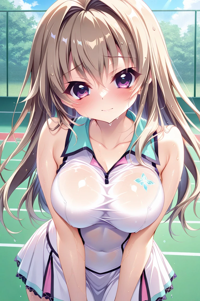 cinematic lighting、highest quality、sweating、((long sweaty blonde hair))、High position ponytail with all hair neatly tied up、((blue tennis court))、(NSFW)、girl sitting flat、A lot of tennis balls are scattered、((pink thong panties))、I can see the nipples、(Pastel colored tight T-shirts), (((prominent pointed nipples)))、puff out your cheeks、very happy look、bright red cheeks、(view from above), I'm looking up at you、((full body portrait、Even the feet are visible、white sneakers))、(Lots of pure white sperm on the face)、((NSFW:1.6)、Navel Look、micro mini skirt、skinny body,