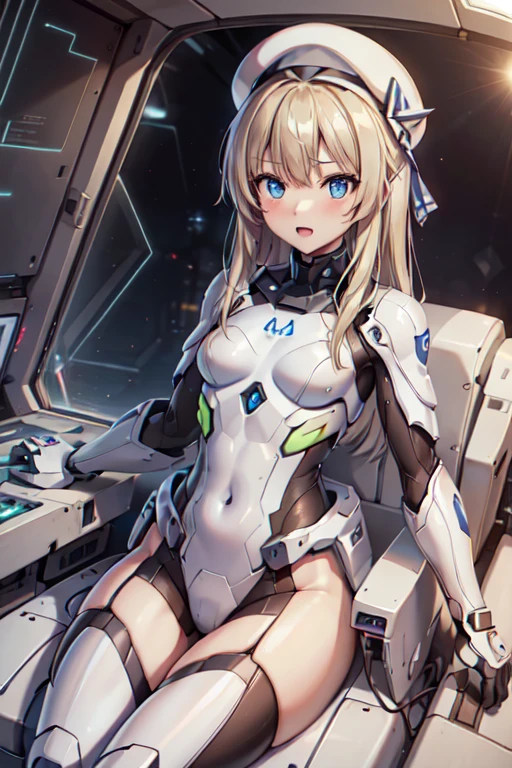 (Dutch Angle), (Datamoss: 1.5), (8K UHD, masutepiece, Highest Quality, High quality, Absurd, Ultra-detailed, Detailed background, depth of fields), (Cowboy Shot:1.2), (nffsw: 1.4), ((look at viewr, Open mouth)), BREAK, (Beautiful, Aesthetic, Perfect, Delicate, small tits: 1.2), (Single Girl), (Solo), (semi long hair, Blue eyes, a blond, White beret), Mechanical Decoration Cybersuit, ((Status Window)), ((Messages Window)), (lots of exposure), BREAK, (Squeeze the shift lever, Grip the control stick, Inside the cockpit, Sit in the cockpit of a fighter aircraft, cockpit), High-tech chair, canopy, Tight machine space, Surrounded by precision machinery, World of Machines, (Future Ace Pilot), Neon light,(Holographic interface), mechs, Cyberspace_Background, The sheen, plated, clothes shiny、shinny skin、