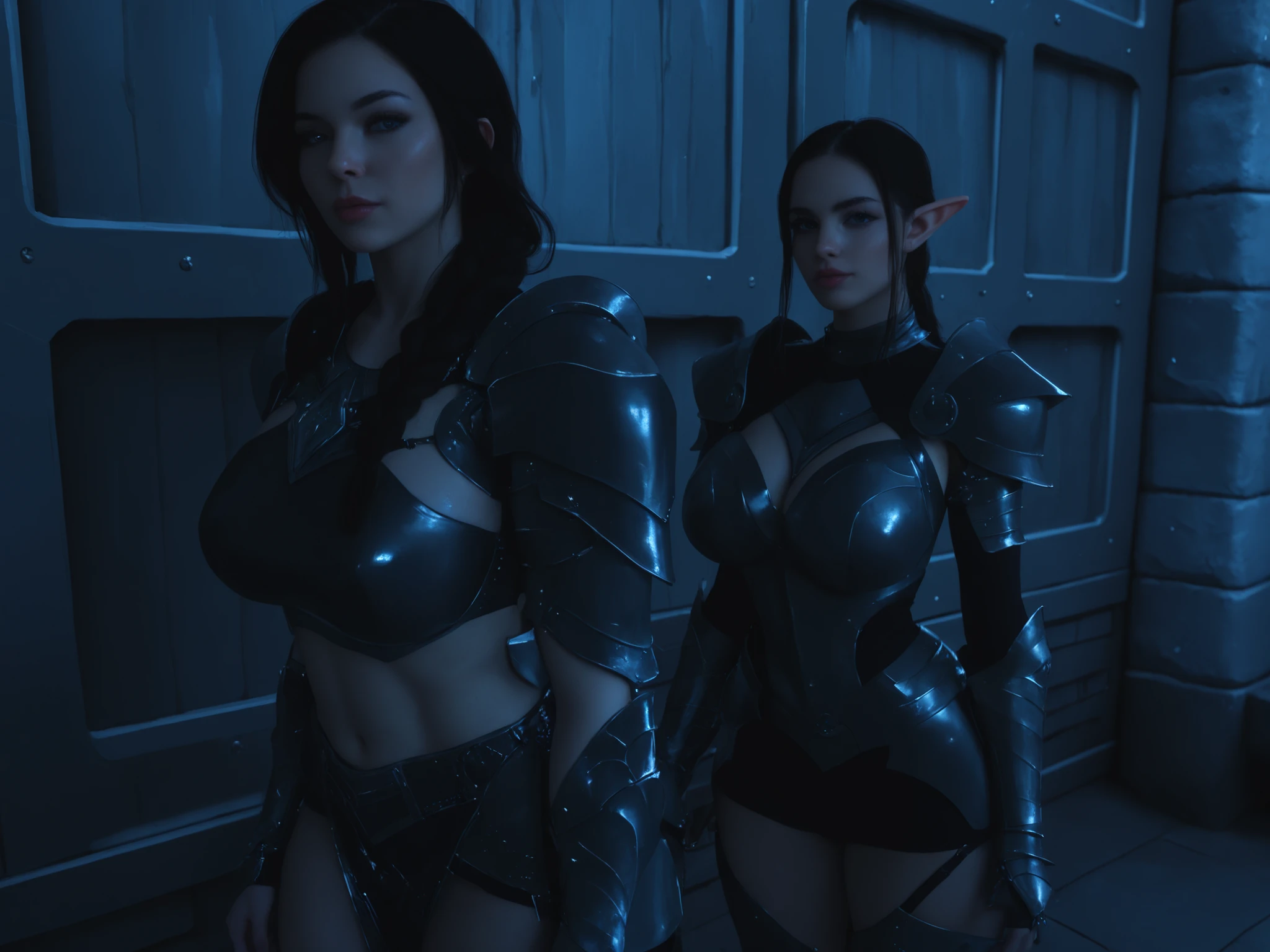 Ultra realistic, Deus ex style, young beautiful German elf girl, friendly cute tall tall face, with wild blue and black hair, muscular body, , relaxed pose,