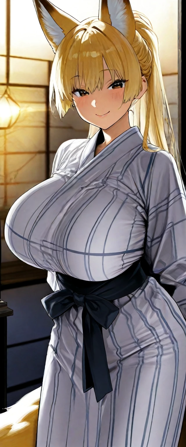 masterpiece, best quality, matsumoto rangiku, beautiful lighting, long hair, black kimono, cleavage, necklace, sash, gigantic breasts, standing, looking at viewer, blue eyes, furrowed brow, smile, japanese architecture, cowboy shot, shiny skin, gigantic breasts, curvy, seductive smile
