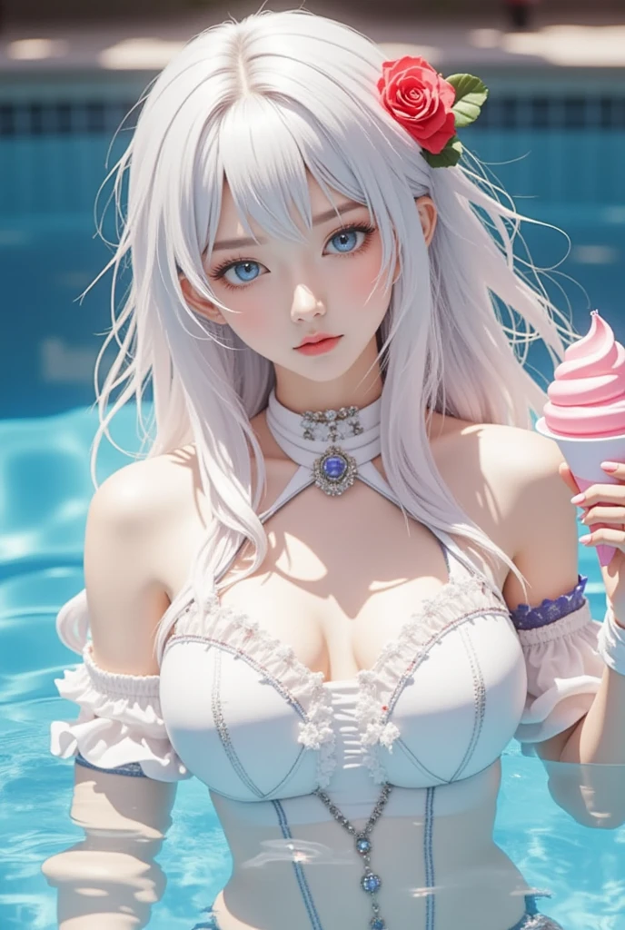 Highly detailed CG Unity 8K wallpapers、top-quality、ultra-detailliert、masterpiece、realisitic、Photo Real、extremely detailed cute girl、(25-years old)、red blush、roundly eyes、Big breasts、Face and chest close-up、swimming race suit、in poolside、(How to fix the bite in your swimsuit)