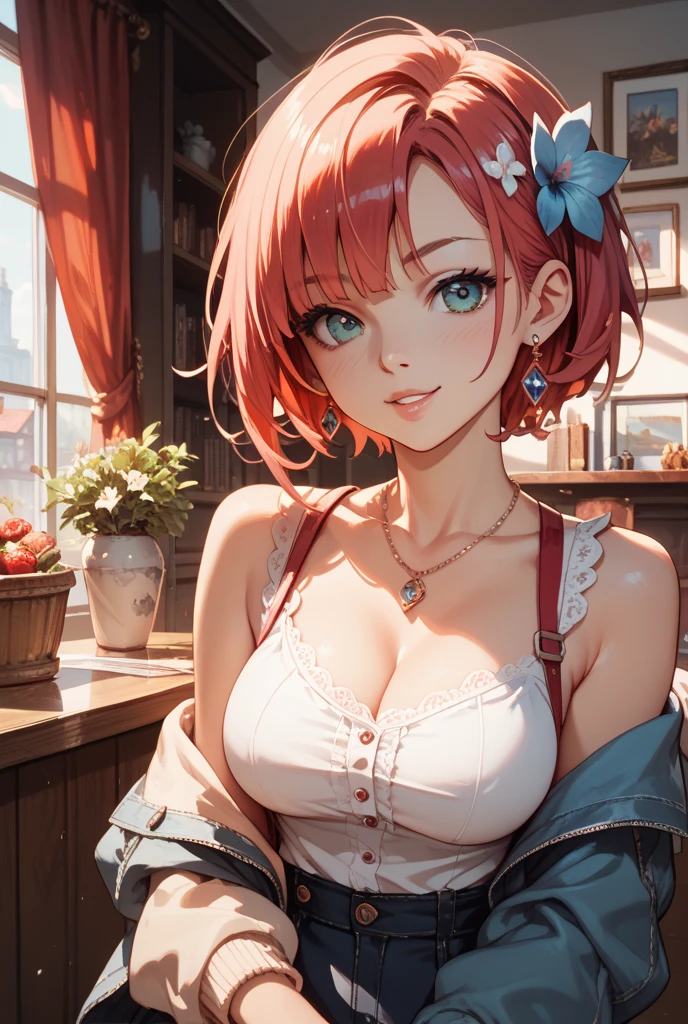 open clothes, dutch angle、Realistic, real person, RAW photo, photorealistic, portrait photography, shiny skin, japanese idol, 25 year old woman、(bob cut hair) and (wine red hair), wearing a white blouse、cleavage is visible、smiling、open mouth, blush, Supermarket background、Alone、Staring,