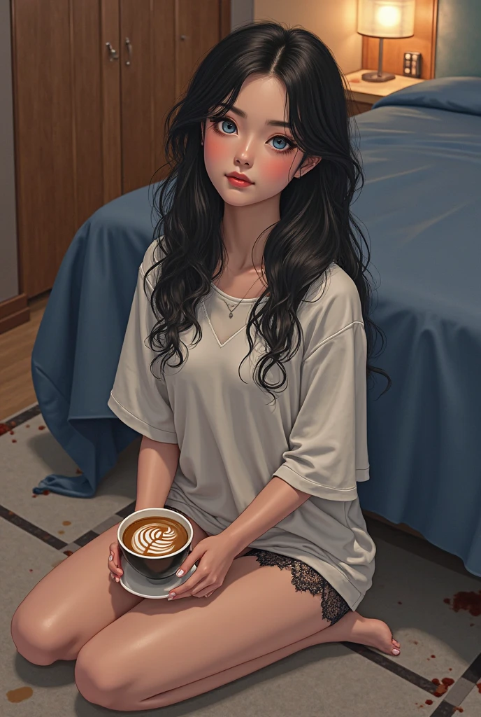 young woman listening to music in her room sitting in and drinking coffee admiring the night of the full moon