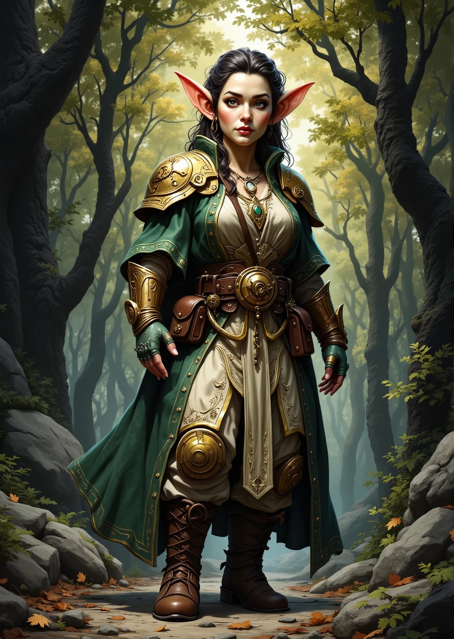 Full body view. An extremely detailed comic book illustration of a stunningly beautiful extremely curvaceous Gnome from Dungeons and Dragons petite magical folk with big eyes and pointed ears created by gods of invention and illusion seldom seen by other folk due to the gnomes' secretive nature and their propensity for living in forests and burrows making up for their small size with the cleverness born as a Dungeons and Dragons Clockwork Sorcerer with innate magic stamped into their being traced to strange events in their personal or family history the raw roiling power of magic is part of them a living tangible thing which wants and demands to be wielded who has received the blessings or curses of the plane of Mechanus her entire being infused with clockwork bones and steampunk looking cybernetic augmentations granting her an innate power to manipulate chance and luck and to bend reality to the benefit of the forces of machine-like clockwork order wearing a long intricately designed robe with a high collar embellished with ornate metallic patterns a sturdy tunic in a contrasting hue providing a rich backdrop to the more elaborate outer layer her shoulders are adorned with decorative armor plates that are both functional and stylish featuring intricate designs that match the overall aesthetic of her outfit with her forearms protected by elaborately designed gauntlets which are both practical and ornamental showcasing craftsmanship with a wide ornate belt cinching her waist the waist featuring a large elaborate buckle that adds a focal point to the outfit featuring pouches and wears various pieces of jewelry including rings and a pendant in an art style inspired by Frank Miller and Conan the Barbarian. The Background is awash in dark moody textured brushstrokes in dull brass tones with abstract clockwork and gear motifs. Standing in a dynamic action pose. Standing with both feet on the forest path.