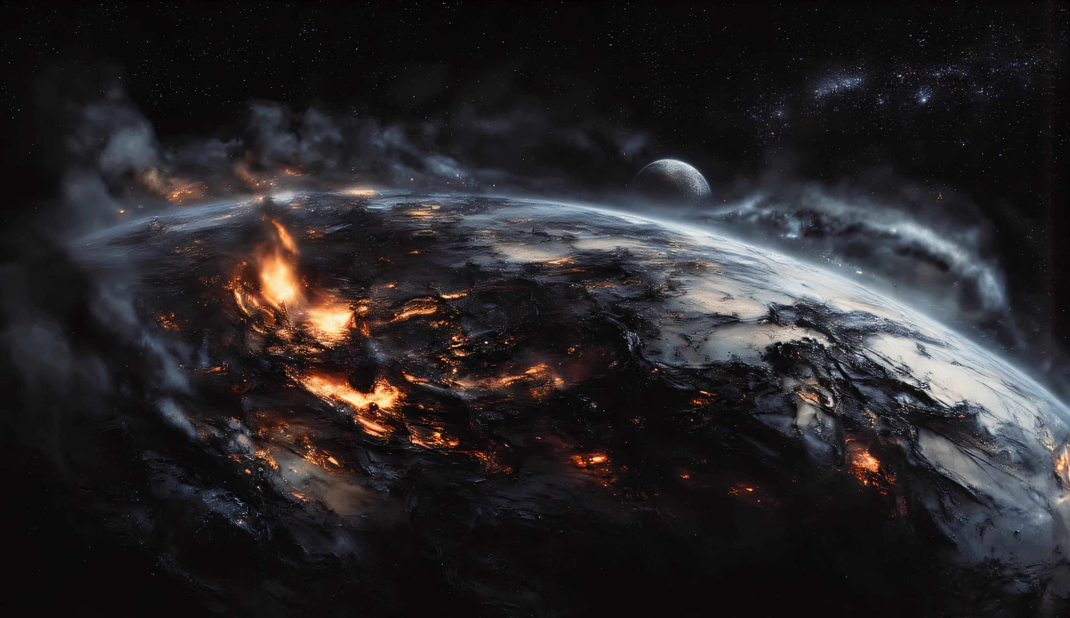 Planet earth is covered in fire. view from space. The planet is falling apart. The emptiness of space and the stars are all around. horror