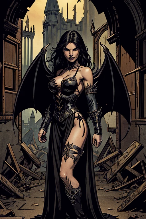 Lolita guerreira,black gothic style clothes,chifres pontiagudos,dragon wings on the back,vista de cima, sensual and sexy inside a ruined castle