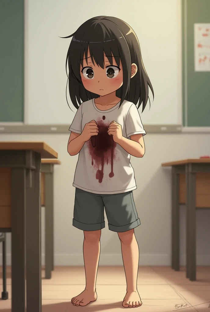 A junior high school girl's pants are red and embarrassed because she pooped and peed during class.