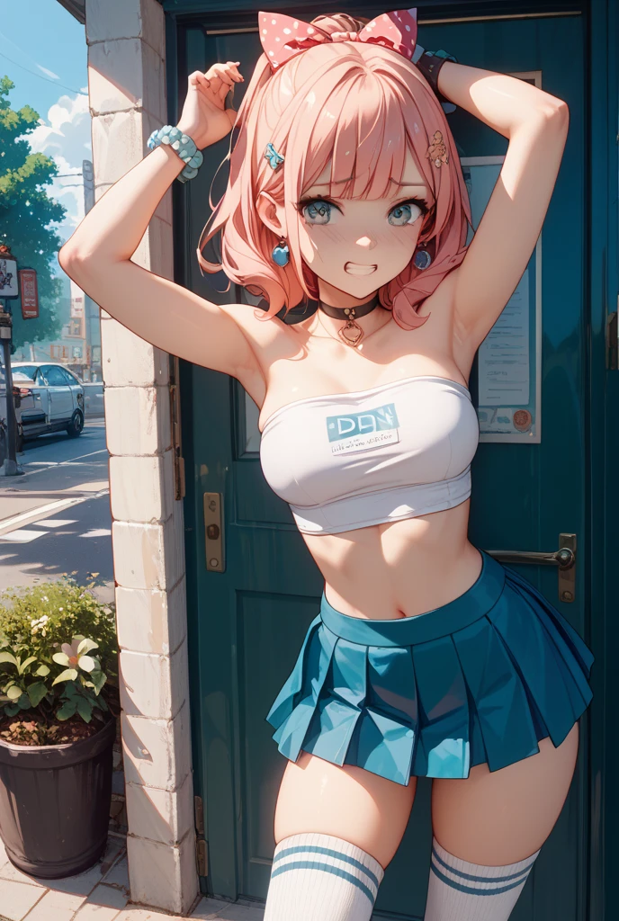 (Masterpiece, BestQuality:1.3), (ultra detailed:1.2), (hyperrealistic:1.3), (RAW photo:1.2), High detail RAW color photo, professional photograph, (Photorealistic:1.4), (realistic:1.4), (Pink Hair:1.5), professional lighting, perfect anatomy, (Big Breasts:1.2), (blush, detailed face), (cheerful Smile:1.5), Trending Hair&Trending Hairカラーをランダムに, earrings, necklace, bracelet, sexly, erotic sexly, Random sexy gravure poses, (Beautiful woman wearing sky blue crop top and white shorts、Happy smiling faces at the festival、Silver bracelet、Dancing pose with arms raised。: 1.3)