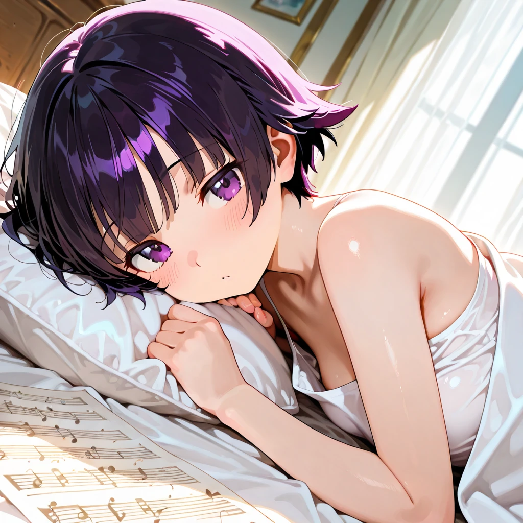 (T Masterpiece，4k wallpaper，best quality))、((girl１people))、(solo)、Brilliant，(purple hair)、(shortcut:1.3)、close up of face、smile、Bedroom、night、nightwear