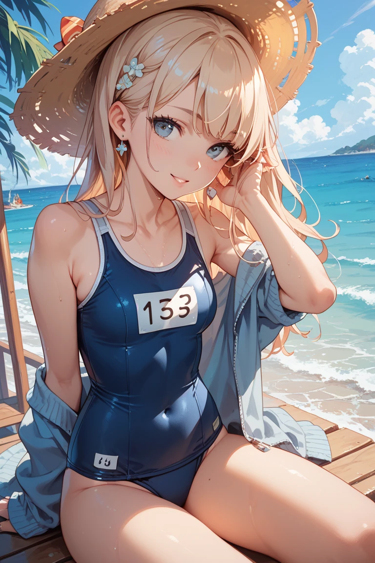 最high quality、Best image quality、masterpiece、With a girl((18-year-old、School Swimsuit:1.6、Bust 90、Blonde、Messy ponytail、blue eyes、Open your chest wide、happiness、Black wristband on wrist、Put goggles on your head:1.3、ear piercing))、((Sweaty:1.1))、View from the front、Slender、high quality、(Peace It Peace)、Visual Arts、background((Sandy Beach:1.2))、Tabletop