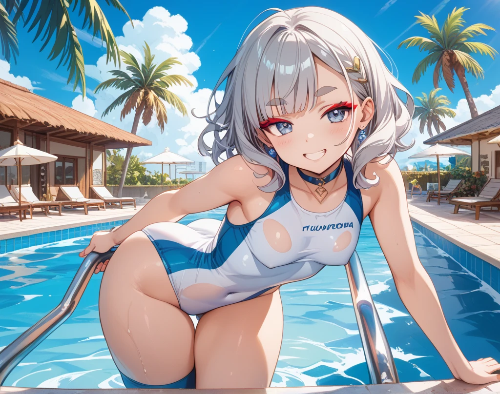(Highest quality),(masterpiece), 8k,Very detailed, Detailed light, Best Shadow,Detailed reflective eyes, Beautiful Eyes, Very detailed face,Shiny Hair,sexy,1 girl, showing pubic area:, tiny microbikini swimsuit, , cleavage, JK, super detailed face, lip details, half opened mouth, smile, fine green eyes, double eyelid, spread legs, one knee up, poolside, Medium gloss, Beautiful thighs,Beautiful Skin,Glowing Skin