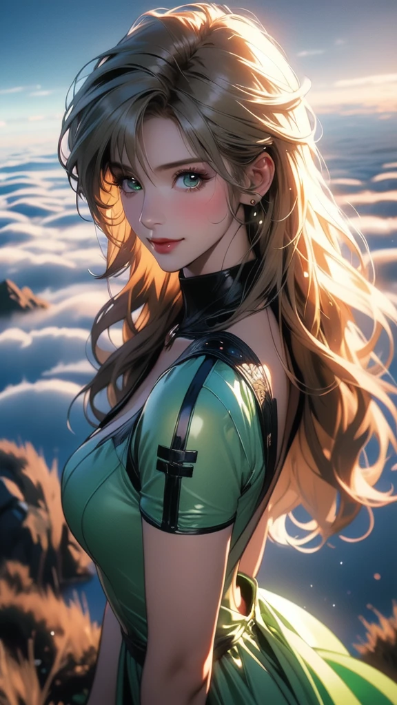 Highest image quality，Outstanding details，Ultra-high resolution，4K image, assembly, best quality, masterpiece, movie lighting ，Sexy，Huge breasts，cleavage，action，In battle，light beam from hand，Golden lightning surrounds，Brown curls，Green eyes，Lipstick，Gold armor，There are cracks on the armoghting hard