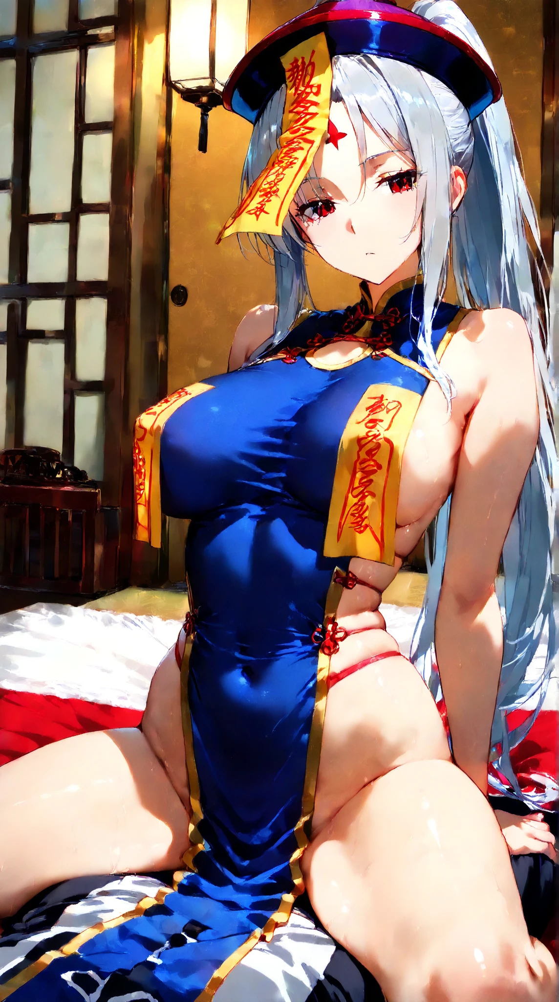 (masterpiece),(best quality),ultra detailed,1girl, armpits, arms behind head, arms up, bangs, cleavage, dakimakura \(medium\), demon horns, detached collar, dress, elbow gloves, fur trim, gloves, hair between eyes, horns, (huge breasts), long hair, looking at viewer, lying, multicolored hair, navel, official alternate costume, on back, parted lips, pelvic curtain, red hair, skindentation, solo, streaked hair, thighhighs, thighs, two-tone hair, very long hair, white hair, yellow eyes,shiny skin,spring-aegir,mature female,;o