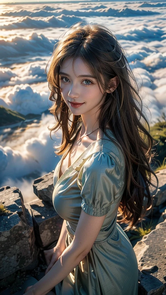 beautiful girl in a primitive costume made of hemp, front face, photo, an extremely delicate and beautiful, extremely detailed, Amazing, extremely detailed skin, (18 years old:1.2), cute girl, famous Japanese idol, kawaii, fair skin, shiny skin, chin thin, (smile:1.3), cute, young, extremely detailed nose, extremely detailed mouth, cute face, (realistic face:1.4), beautiful views, japan, nature, grass field, mountain, outdoors, blue sky