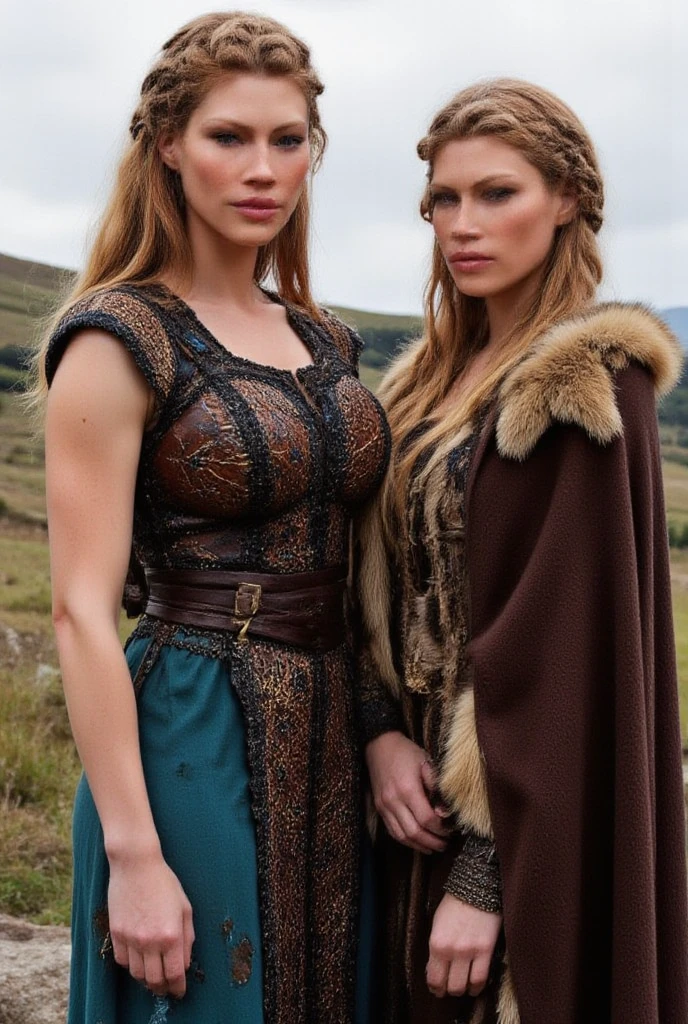 Masterpiece, a beautiful Viking woman, ((Marilyn Monroe:Michelle Pfeiffer:0.5)), (high detail plunging Celtic gown), (small breasts), (perfect body), (ginger matted hair), (short hairstyle), outside, (skin texture:1.1), best quality, ultra high res, Raw photo, Nikon D850, backlight, rimlight, bright sunlight, film grain:1.2, (warm hue, warm tone:1.2), (color photo), fantasy Viking village background, in the style of Boris Vallejo, flock of sheep