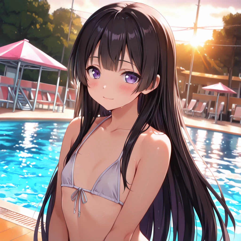 Woman, cute, adorable, smiling, straight hair, long hair, black hair, standing, Swayback stance, looking at the camera, From the front, from thighs to head, pool, daylight,micro bikini
