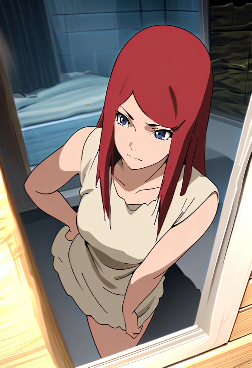uzumaki_kushina, large_breasts, standing, solo, denim_shorts,, masterpiece, best quality, detailed face, detailed eyes, highres,