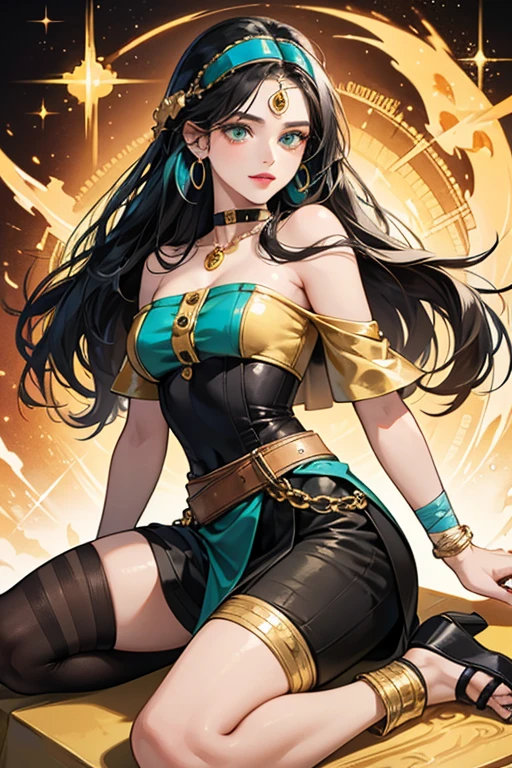 ((A young woman))), the anime, ( Green eyes), (black hair), Nice face, ssmile, the perfect body, Wavy Hair, hairlong, (((morena))), big breastes, ((tmasterpiece, beste-Qualit)), illustartion, ультра детализированная 8k, Photorealistic, sharp-focus, higly detailed, Professional lighting, colorful details, Rainbow colors, Glowing, intricate detials, Vivid details, Outfit made of gallographic fabric, Gallogram, nightclub, Pylon for dancing, Dance, high boots, Fabric with iridescence, translucent fabric
