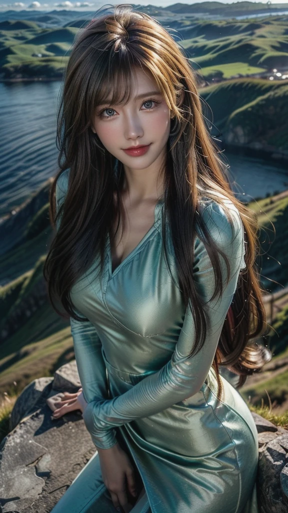 masterpiece,ultra realistic,32k,extremely detailed CG unity 8k wallpaper, best quality,
The Swiss Alps, Switzerland, ( Dark red A-line dress ) ,((spring day )), Beachy waves with a side part ,eardrop,lady ,necklace,