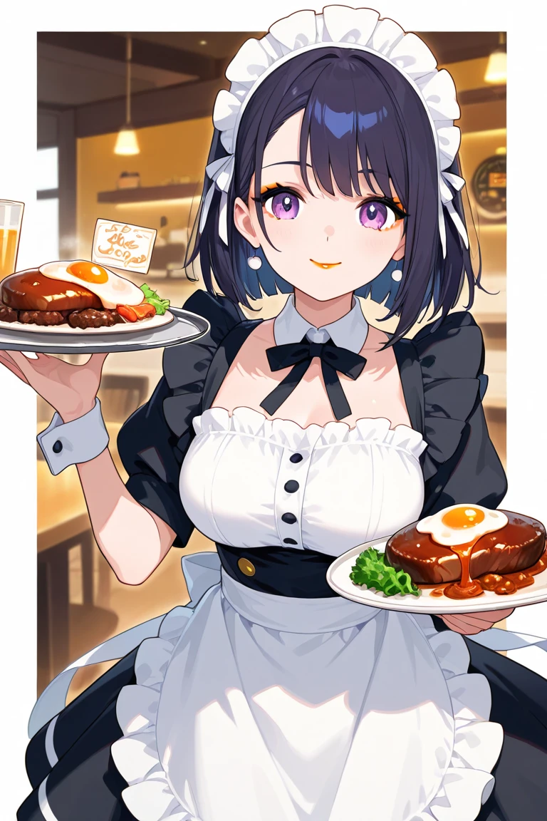 (((Extreme Close-up smile Low - Angle Chef Apron))) ((Rainbow Eyes short hair Receiving the light Rainbow Light Cooking)) (Steak shop restaurant interior)