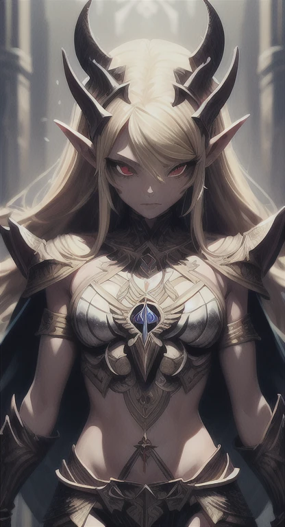 Masterpiece, best quality, mythical, Alluring Hylian, red eyes, enchantress, Hyrule, legendary Triforce, armor, looking at viewer pissed, judgemental glare,