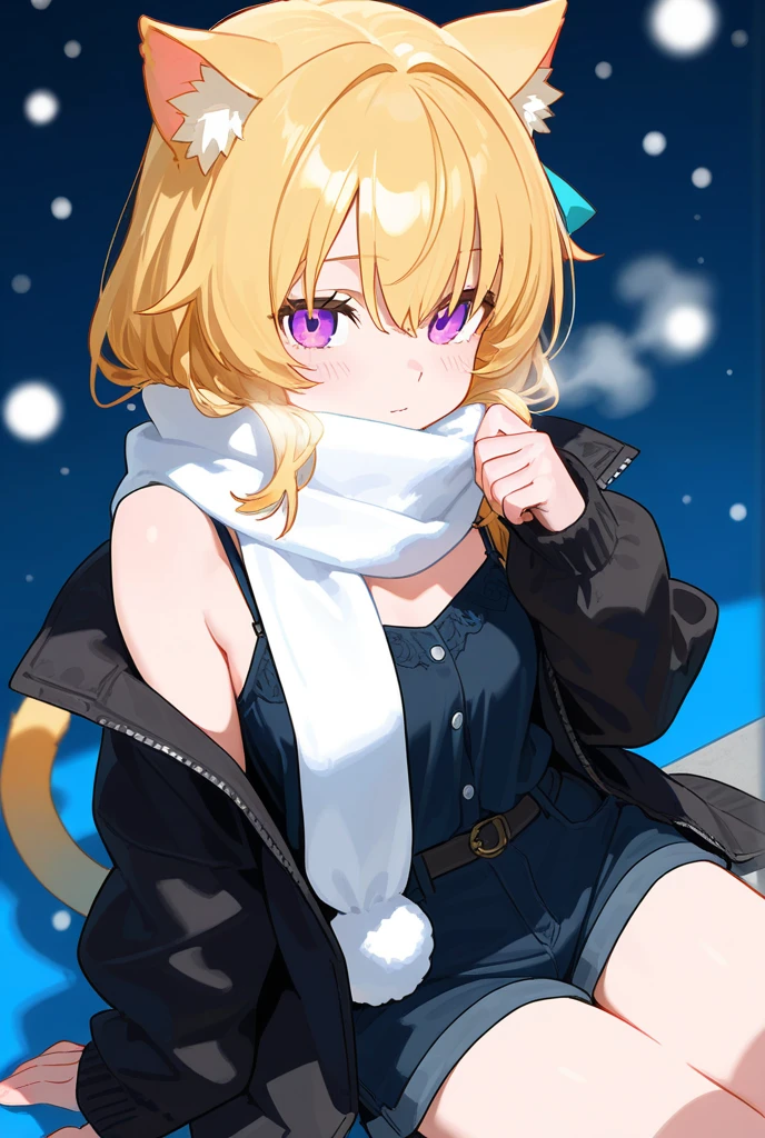 Pretty woman with long strawberry blonde hair, Dark magenta eyes, and lean muscles, small scar on her right cheek, wearing long white coat with fur on the hood, and black tight fitting clothes underneath, small breast size, sunset in the background