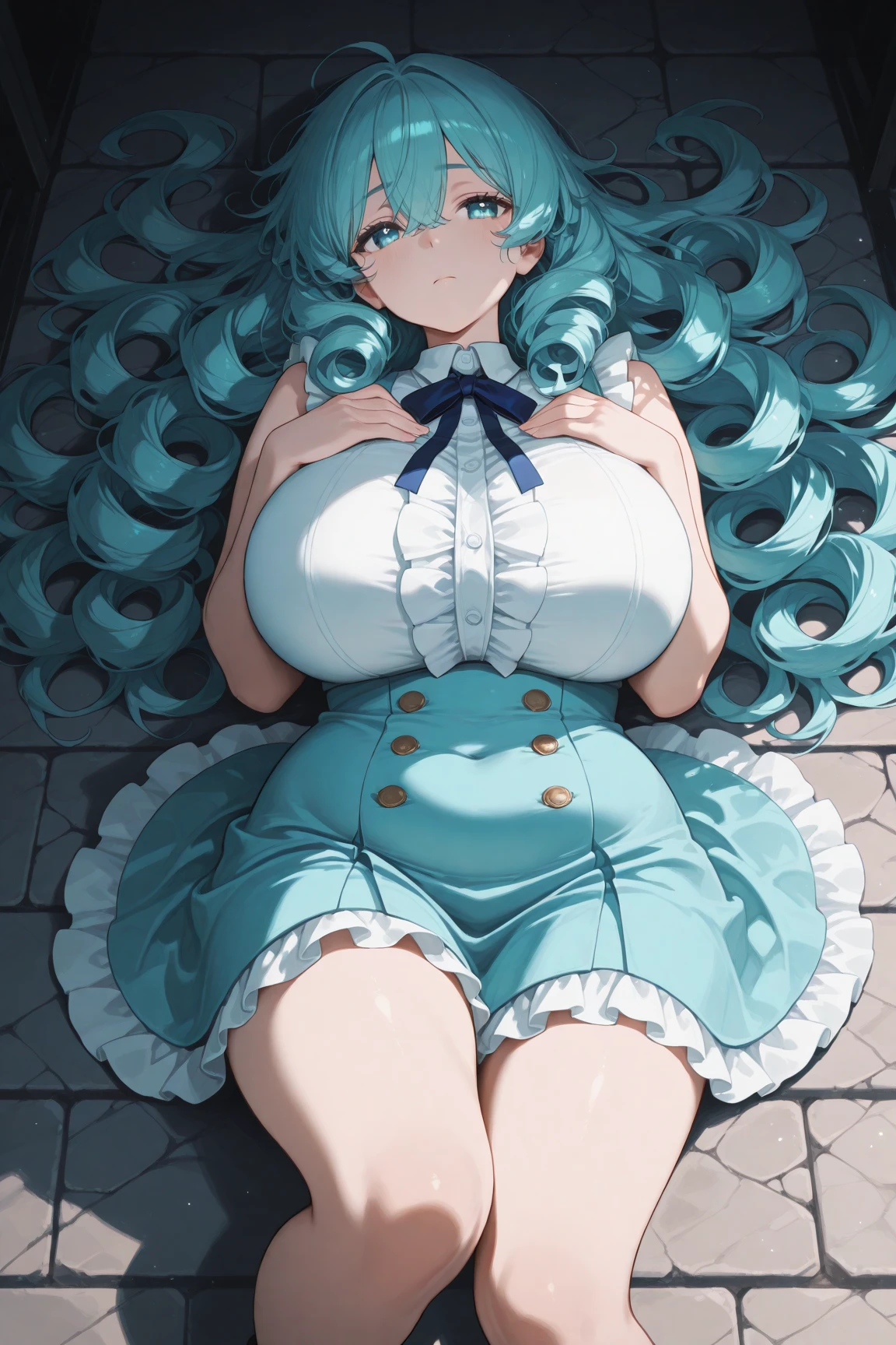 Perfect detail, Special details, highest quality, expensive全身の正確な描写,expensive, woman,A satisfied smile ,round face,Beauty,View Viewer, Green Hair, Long Hair, Side bang, Partially exposed forehead, Dark blue eyes, Mature Body, Perfect body, Large Breasts,Big Ass.Sweaty body,Open your mouth wide,stoop down, blush, Cleavage, Blue Dress,Gold Jewelry,Gold Bracelet,Gold Collar、 Luxurious crown,, White lace lingerie , necklace, Pursing your lips, A light smile, Drunk, expensiveディテール, Depth of written boundary, 1080p, 16k, Awards, High resolution, highest quality, masterpiece, 超High resolution, Anatomically correct, Super detailed,,Huge breasts、Realistic、Perfect bodyライン、aerial photograph、aerial photograph、Destroying the city with a smile、stoop down、 (A giant girl bigger than a skyscraper destroys the city of Shibuya:1.5)、cute、cute、body fluid、Blue Dress、Eroticism、Chubby　stoop down　Lying on the ground　Occupying the big city Big breasts spilling out of the bra　Put a building between your legs