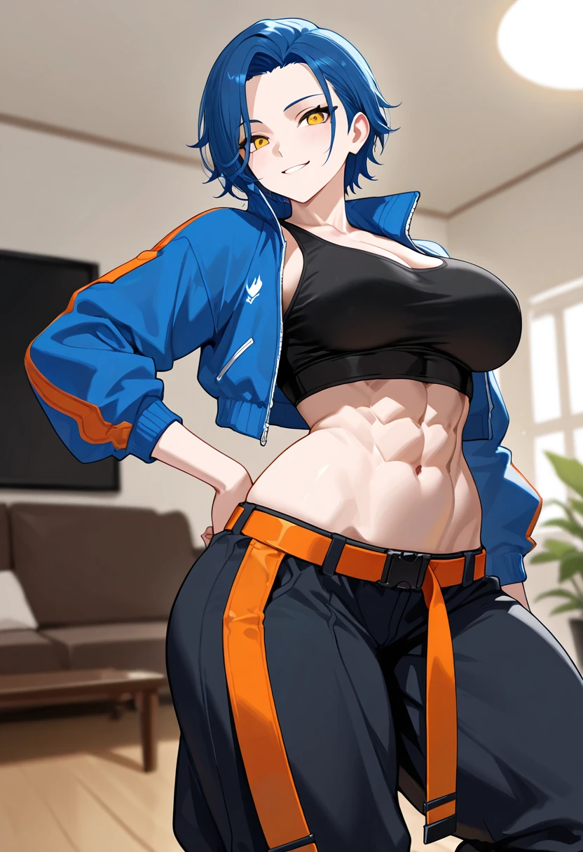 Masterpiece,best quality,high resolution,30 year old woman,blue hair,tied hair,beautiful face,yellow eyes,bright eyes,cat ears,perfect body,athletic body,milf,bodybuilder pose, small breasts, thick thighs,big ass,round buttocks,bodybuilder,jacket on top,bra, leggings,standing,expression of pleasure, inside the room
