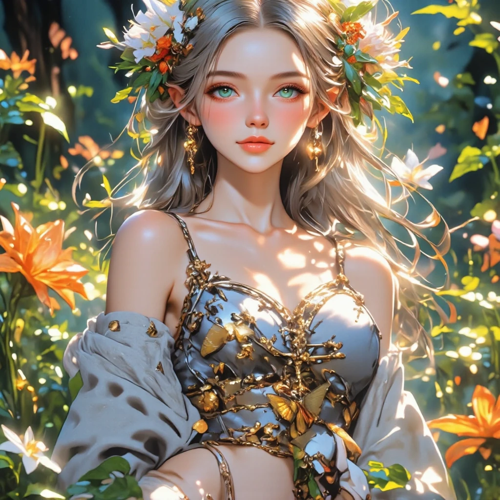 A floating girl, (black hair with blooming green locks), (emerald bra with gold), ((very small breasts)), athletic and slim body, gold skirt with white silk, gold bracelets, perfect and delicate face, (American face), rays, clouds, moonlight night